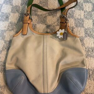 Coach Vintage Cream and Blue Canvas and Leather Shoulder Bag with Daisy Charm